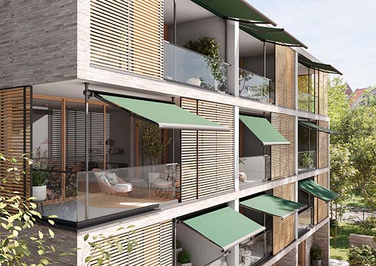 markilux 900 Markise Ansicht Mehrfamilienhaus. Profilbau Scheil.