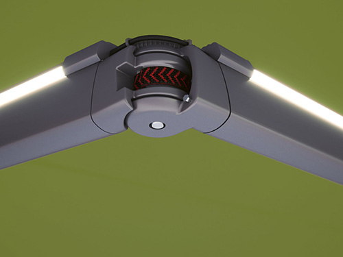 markilux 1600 mit gruenem Tuch, Gestell in grau. Fokus auf die Beleuchtung im Gelenk und die Bionicsehne